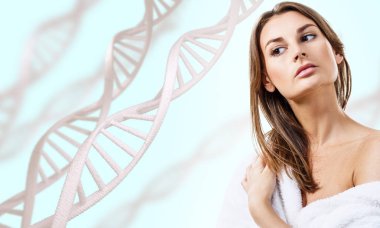 Beyaz Dna zincirleri arasında genç şehvetli kadın portresi.
