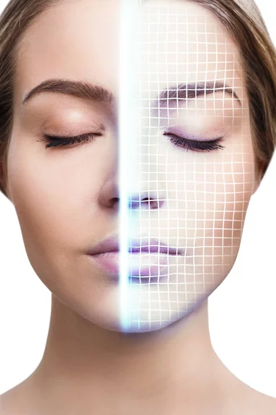 Technological scanning of face of young woman. — Stock Photo, Image