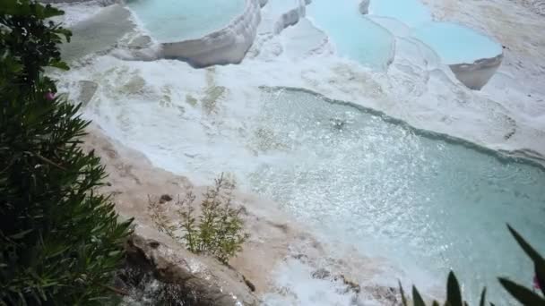 Travertinen mit türkisfarbenem Wasser in Pamukkale. — Stockvideo