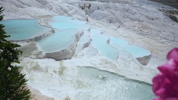 Formacji skalnych z trawertynu z turkusową wodą w Pamukkale. — Wideo stockowe