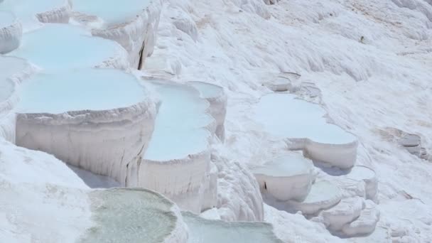 Travertinen mit türkisfarbenem Wasser in Pamukkale. — Stockvideo