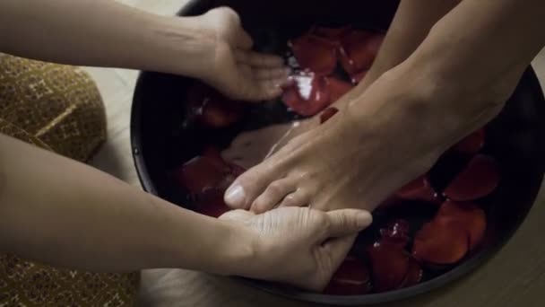 Frau wäscht schöne Beine in Schüssel. — Stockvideo