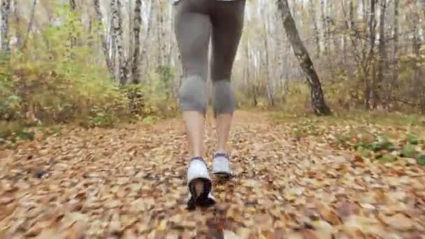 Unga blonda kvinnan kör i höst park. — Stockvideo