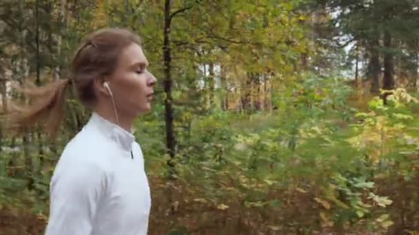 Jovem mulher esportiva correndo no parque de outono . — Vídeo de Stock