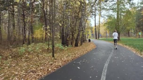 Mujer rubia joven corriendo en el parque de otoño . — Vídeo de stock