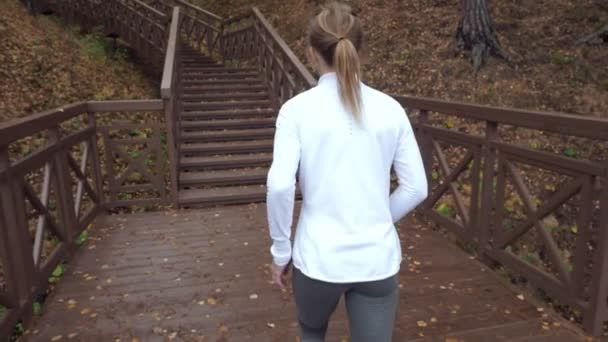 Вид Сзади Спортивную Женщину Бегущую Наверх Утренней Тренировке Парке Медленное — стоковое видео