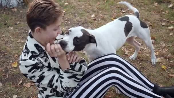 Mulher sentada no chão e abraçando seu cão stafford . — Vídeo de Stock
