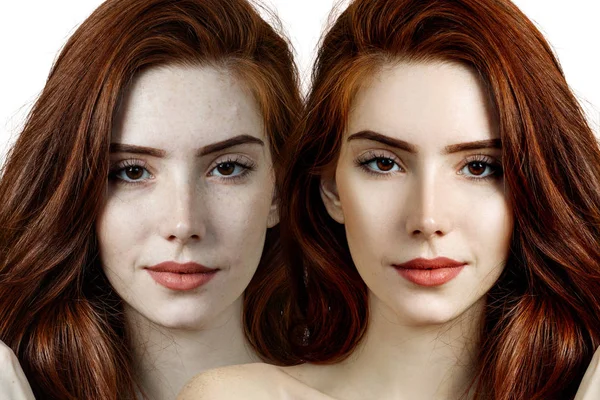 Comparison portrait of young woman before and after retouch. — Stock Photo, Image