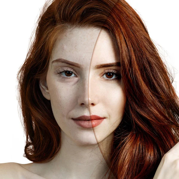 Young woman before and after rejuvenation. — Stock Photo, Image