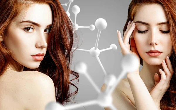 Collage of beautiful woman near big white molecule structure. — Stock Photo, Image