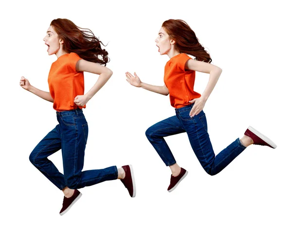 Collage de gingembre heureuse femme en chemise et jeans sautant . — Photo