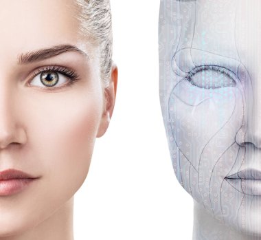 Yüz makine parçası ile cyborg kadın.