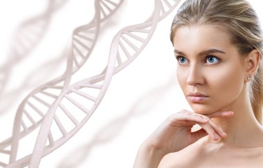 DNA zincirlerinde kapalı gözleri olan şehvetli kadının portresi.