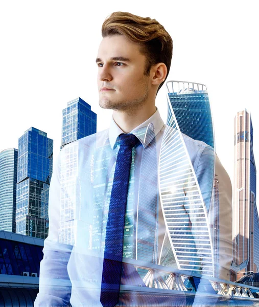 Double exposure portrait of businessman and cityscape background. — Stock Photo, Image
