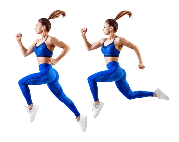 Ung kvinna löpare i blå sportkläder hoppa i luften. — Stockfoto