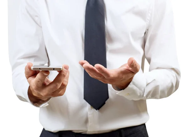 Businessman demonstrates smartphone with black screen. — Stock Photo, Image