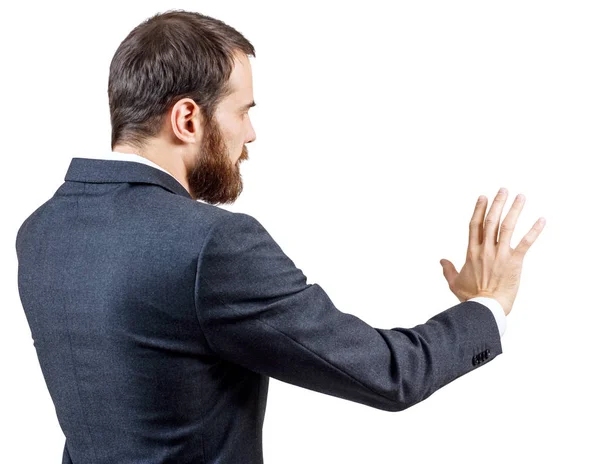 Επιχειρηματίας σε κοστούμι δείχνει απλωμένο χέρι μεεξαπλωμένα δάχτυλα. — Φωτογραφία Αρχείου