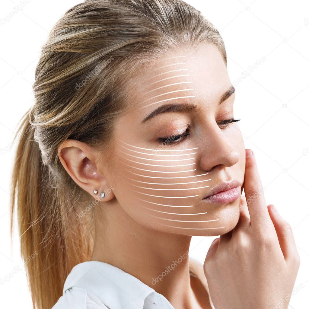 Graphic lines shows facial lifting effect on skin.