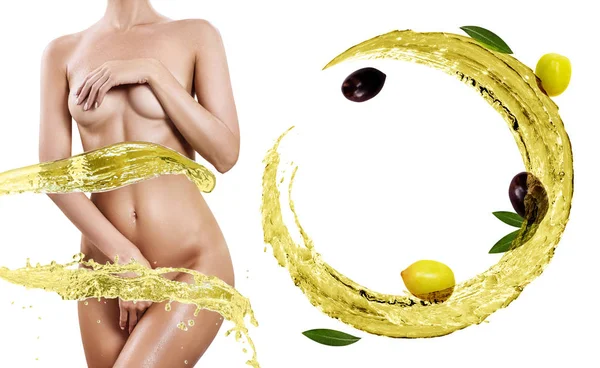 Kobiece ciało w pobliżu wirowa oliwa z oliwek. Koncepcja Dieting. — Zdjęcie stockowe