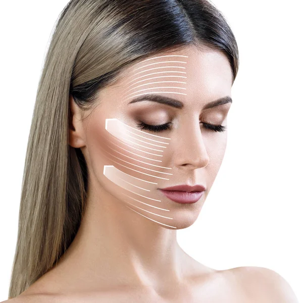 グラフィックラインは、皮膚に顔の持ち上げ効果を示しています. — ストック写真