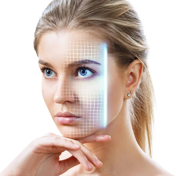 Technological scanning of woman young face. — Stock Photo, Image