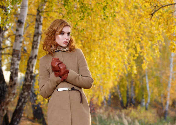 Mujer con estilo en abrigo beige y guantes de pie en el parque amarillo de otoño . —  Fotos de Stock