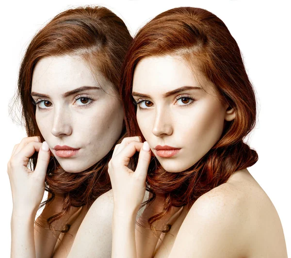 Сравнение портрета молодой женщины до и после ретуши . — стоковое фото