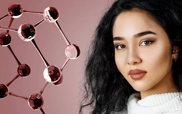 Beautiful exotic woman near big glass molecule structure. — Stock Photo, Image