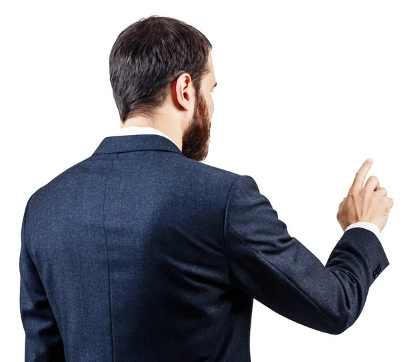 Businessman pointing to something or touching by forefinger. — Stock Photo, Image