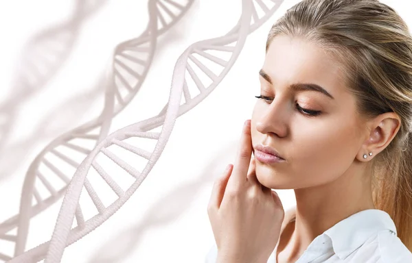 Portrait of sensual woman with closed eyes in DNA chains. — Stock Photo, Image