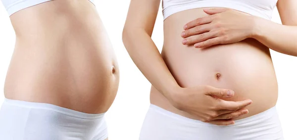 Collage av gravid kvinna med mage i ett tidigt skede av graviditeten. — Stockfoto