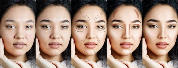 Collage de mujer morena aplicando maquillaje paso a paso . — Foto de Stock