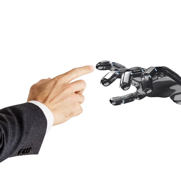 Ludzka ręka dotykająca ręki robota. Renderowanie 3D. — Zdjęcie stockowe