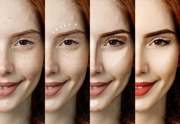 Collage of woman applying makeup step by step. — Stock Photo, Image