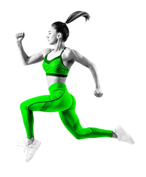Young woman runner in green sportswear jump in the air.