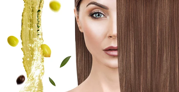 Ošetření vlasů ropnou terapií. Šplouchání zeleného olivového oleje. — Stock fotografie