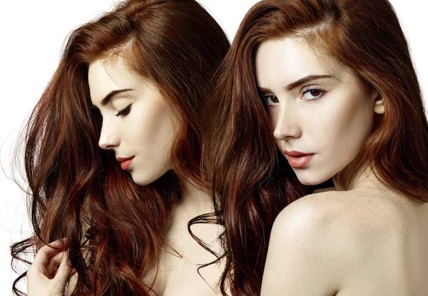 Kolaż zmysłowej rudowłosy kobieta z pięknymi włosami. — Zdjęcie stockowe