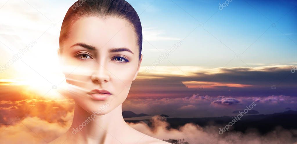 Double exposure of beautiful woman face and sunset.