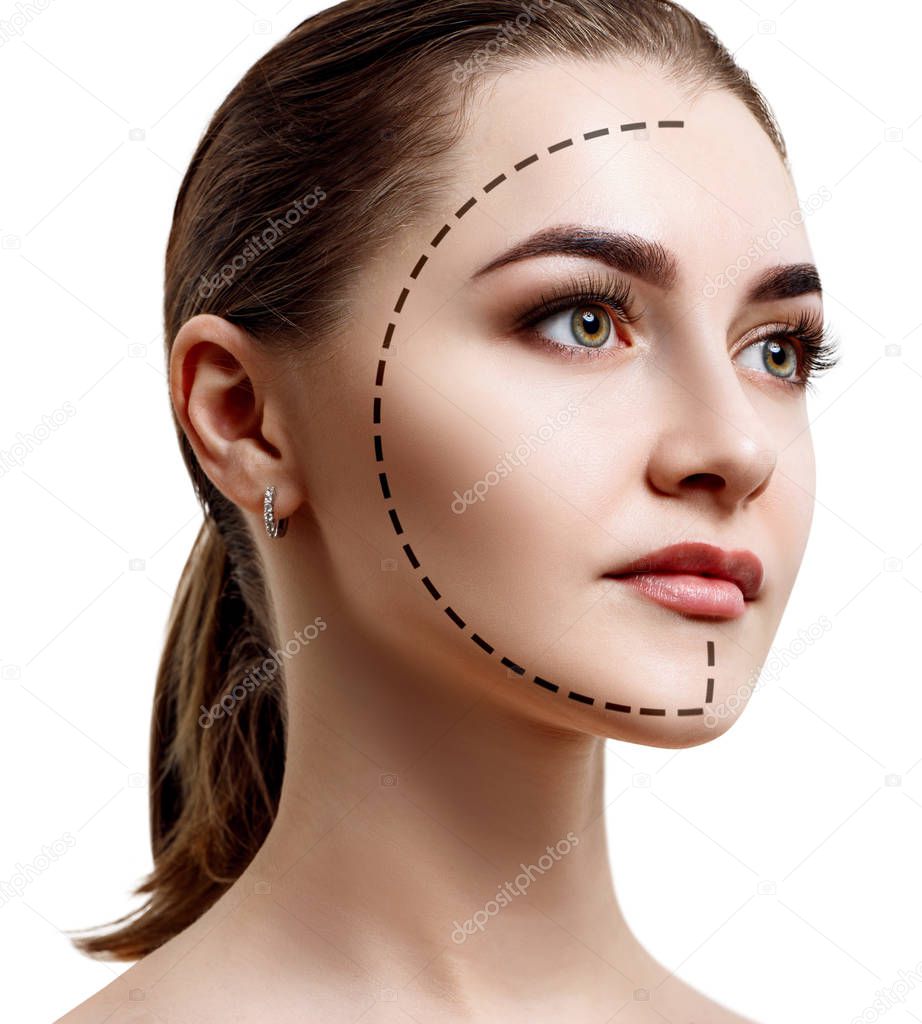 Beautiful female face with dotted line on face oval.