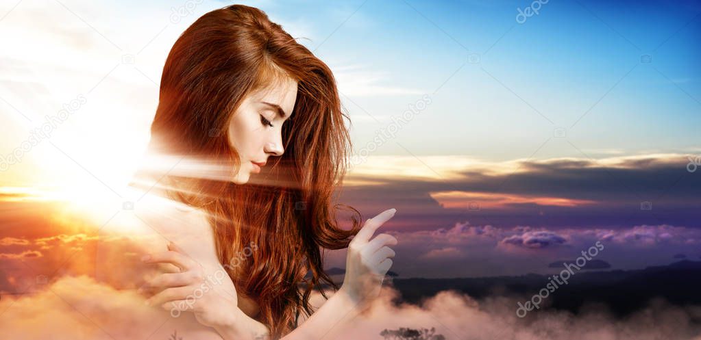 Double exposure portrait of beautiful woman and sunset.