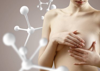 Young woman checks breasts for neoplasms among molecules chains. clipart