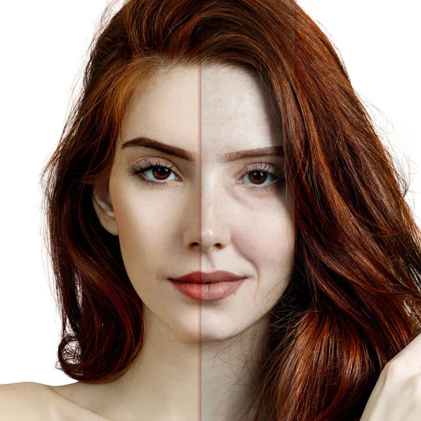 Young woman before and after rejuvenation. — Stock Photo, Image