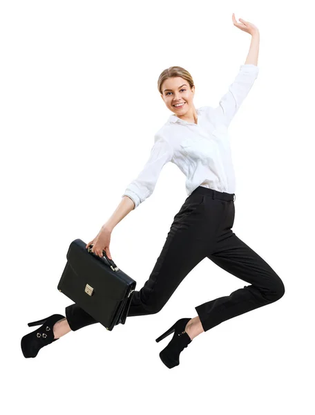 Ung lycklig affärskvinna hoppar upp i formella slitage. — Stockfoto