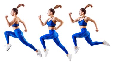 Havada mavi spor giyim atlama genç kadın Runner.