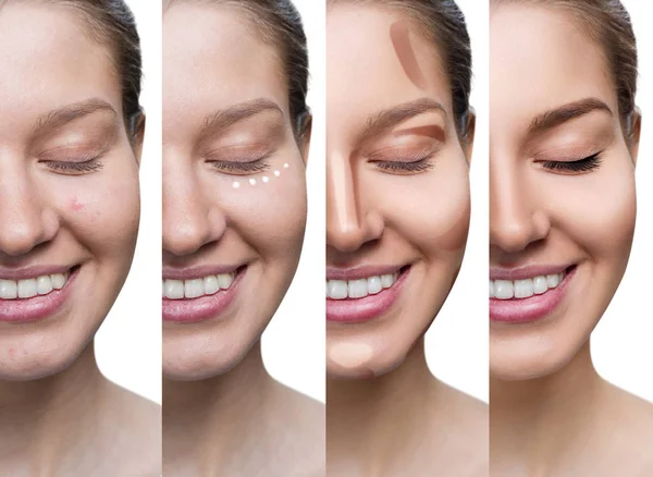 Collage de mujer aplicando maquillaje paso a paso . —  Fotos de Stock