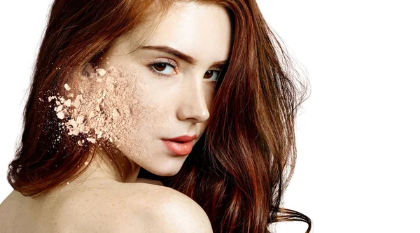 Young woman with red hair and made from crumbly powder. — Stock Photo, Image