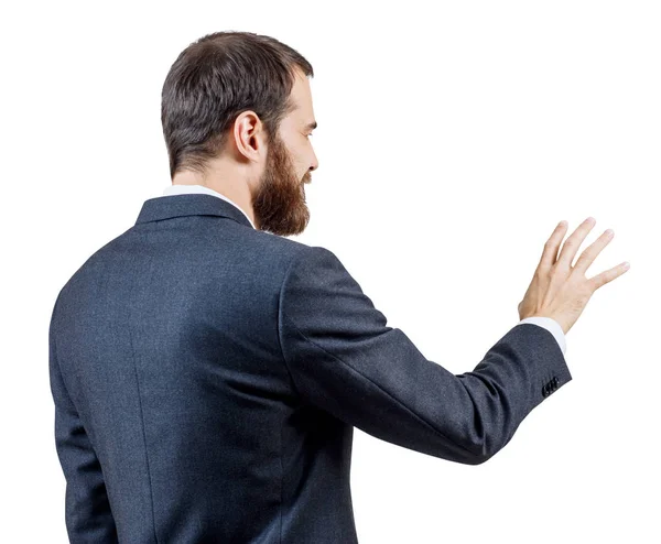 Empresario en traje muestra la mano extendida con los dedos extendidos . — Foto de Stock