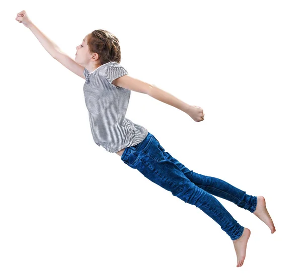 Meisje vliegen in de superman pose. — Stockfoto
