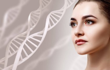 DNA zincirleri arasında şehvetli bir kadının portresi.