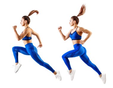 Havada mavi spor giyim atlama genç kadın Runner kolaj.